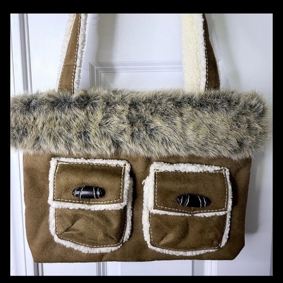 Bath & Body Works VTG Y2K Vegan Suede Faux Fur Tote Travel Winter Brown Bag - Picture 2 of 11